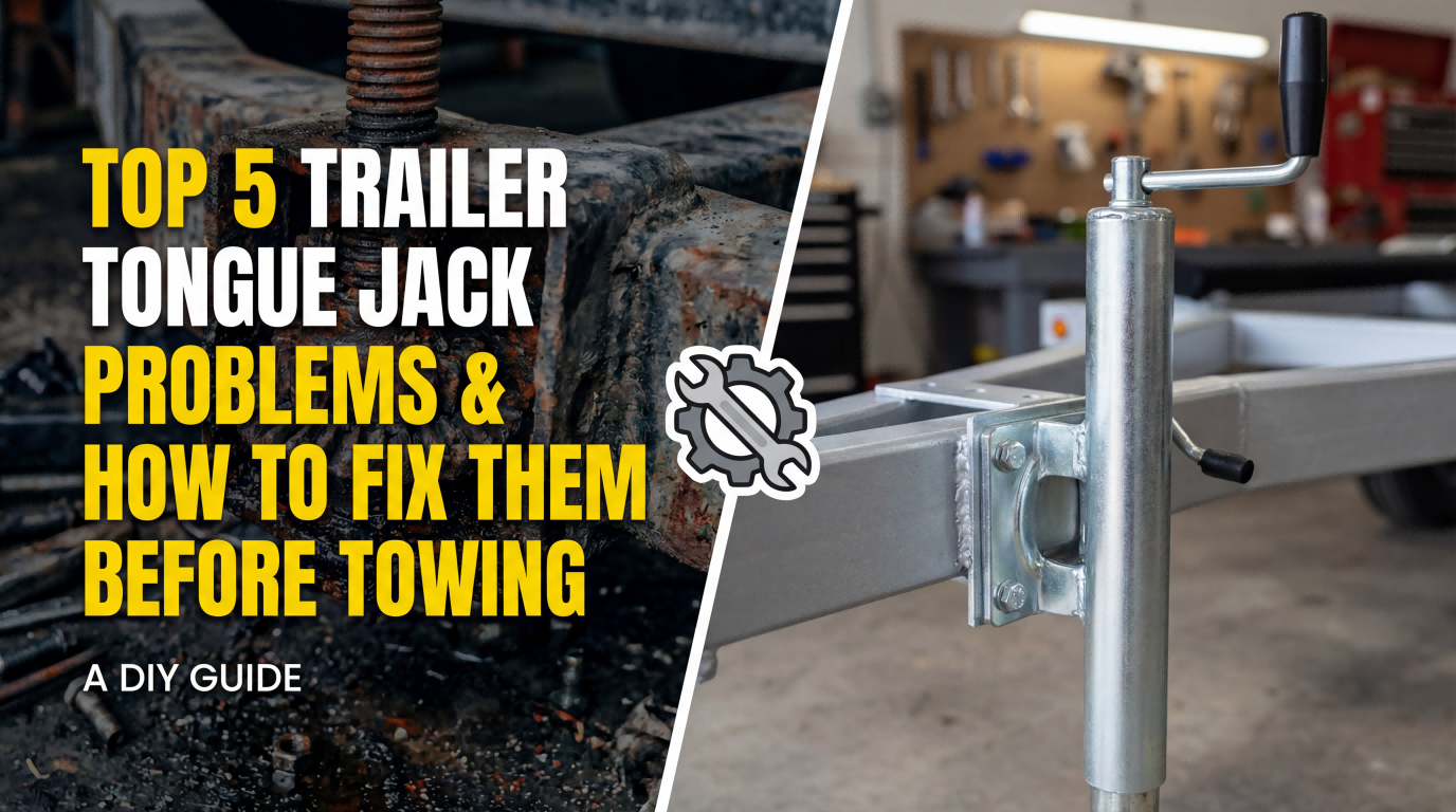 Top 5 trailer tongue jack problems and how to fix them before towing, showing damaged and new trailer jack comparison.